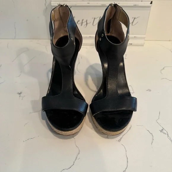 Michael Kors Leather T-Strap Zip Up Wedge Espadrille Black Sandals Women’s 7 GUC - Picture 5 of 11